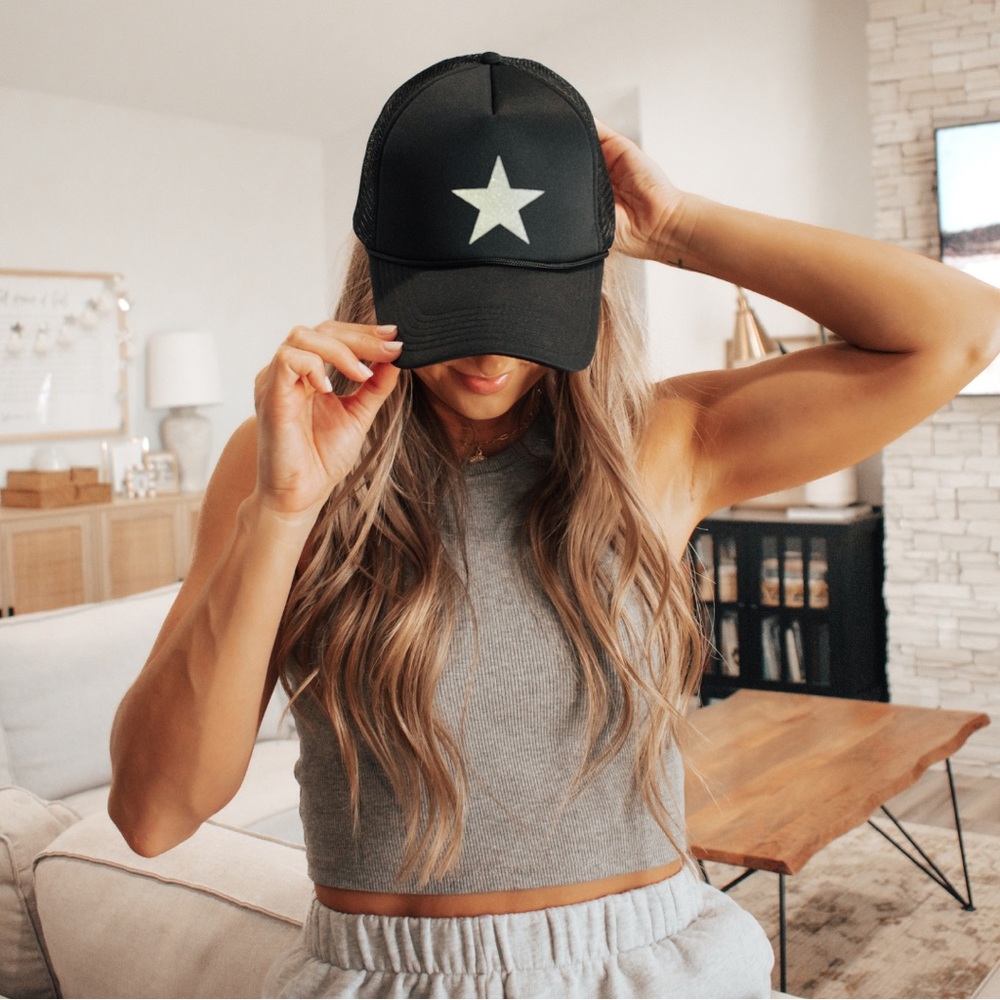 Starlight Spark Trucker Hat – Black Hat with White Glitter Star